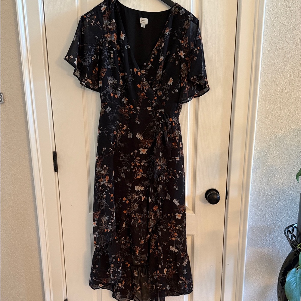a new day Black Floral Wrap Midi Dress with Brown and Cream Accents
